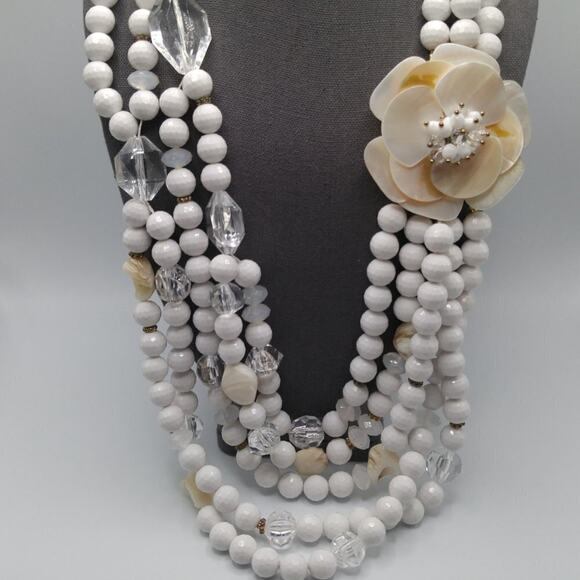 Vintage White Clear Glass Bead Necklace, Shell Flower Pendant, 27 Inches - Picture 3 of 10